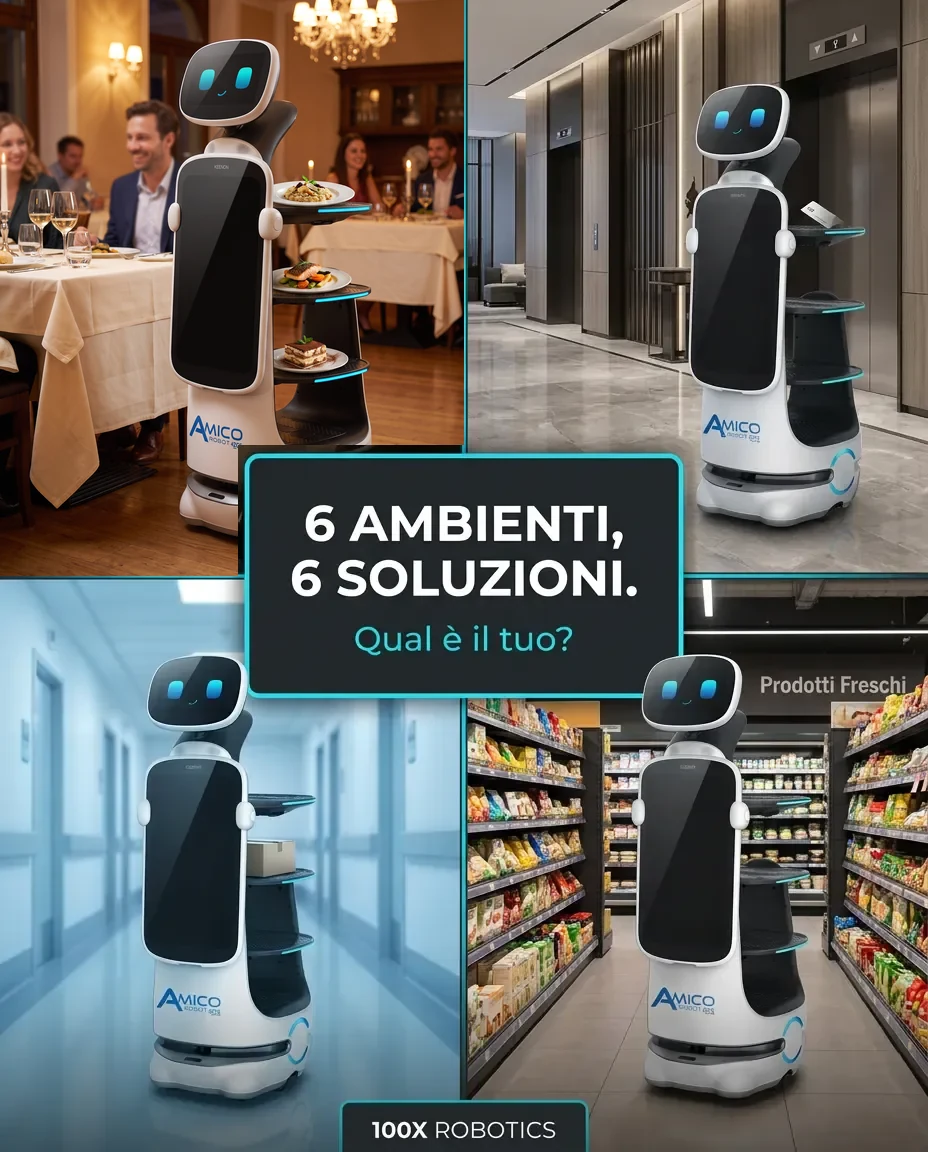 Robot di sala 100x Robotics in sei ambienti diversi: ristorante, hotel, caffetteria, retail