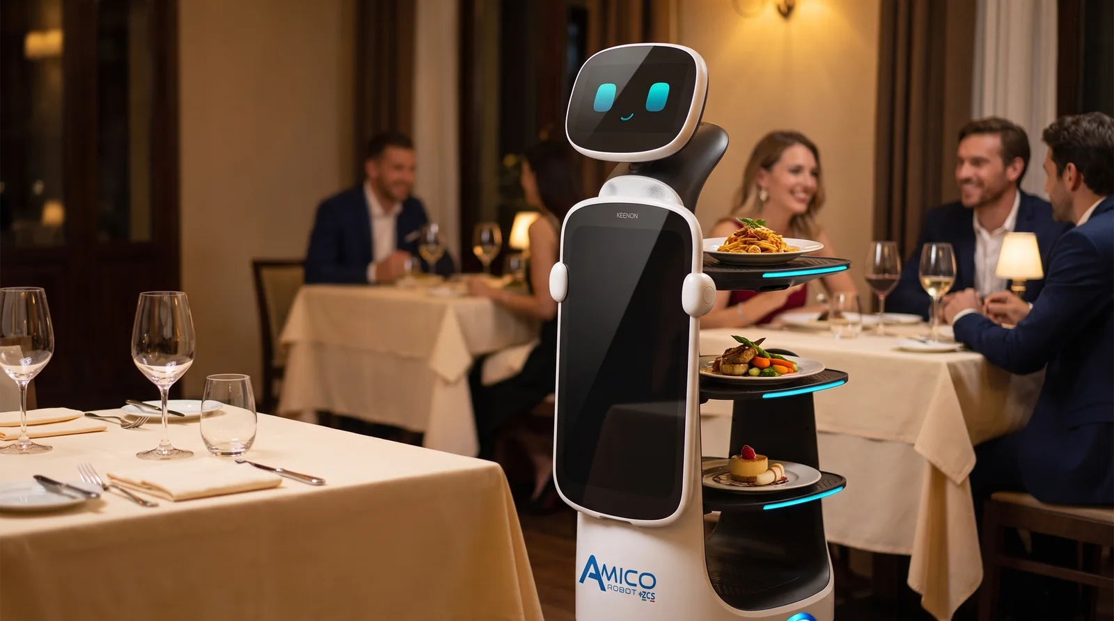 Il robot di sala AMICO serve i piatti in un ristorante