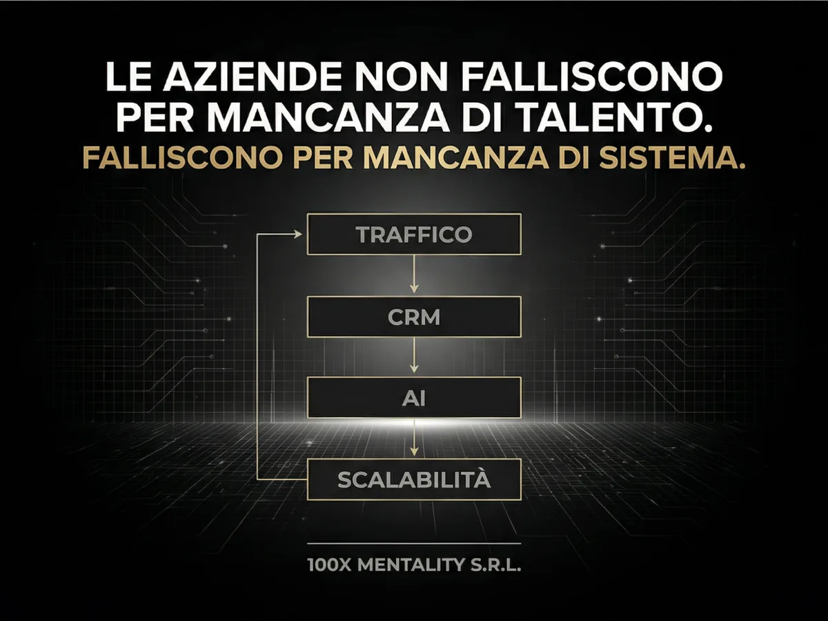 Diagramma flusso sistema 100x: Traffico acquisito → CRM intelligente → AI ottimizzazione → Scalabilità business